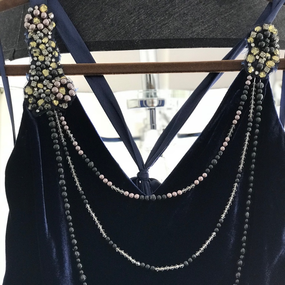 BCBGMAXAZRIA deep blue velvet gown with train